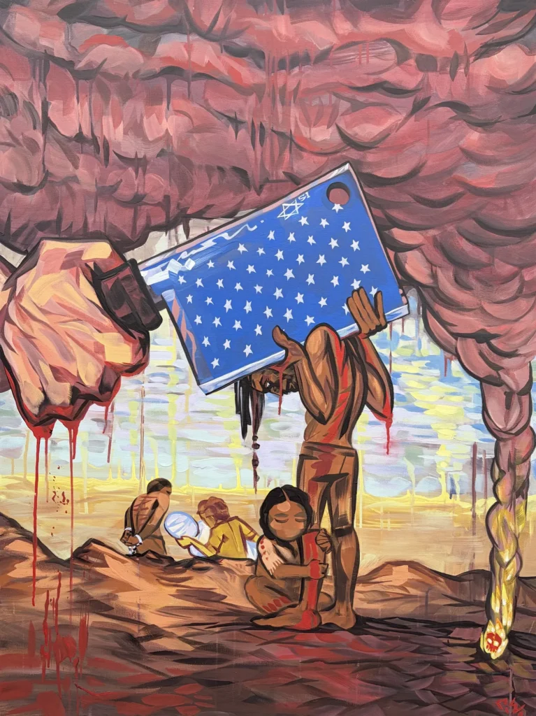 The Cleaver, painting by Caleb Wassell: a hand holds a star-patterned cleaver dripping red above an indigenous child sitting below.