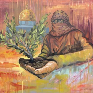 The Future, painting by Caleb Wassell: a masked Palestinian man in a kuffiyeh holding an olive seedling in soil before the Dome of the Rock.