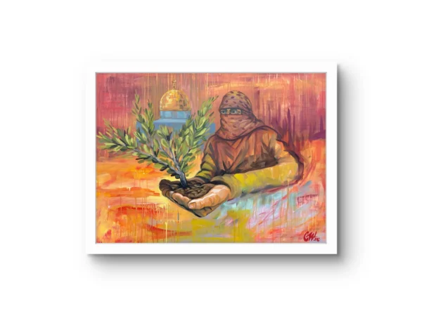The Future fine art print by Caleb Wassell: a masked Palestinian figure holding an olive seedling in soil before the Dome of the Rock, shown framed.