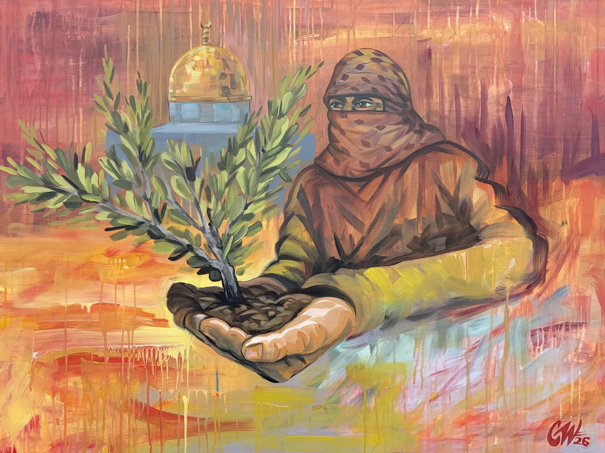 The Future, painting by Caleb Wassell: a masked Palestinian man in a kuffiyeh holding an olive seedling in soil before the Dome of the Rock.