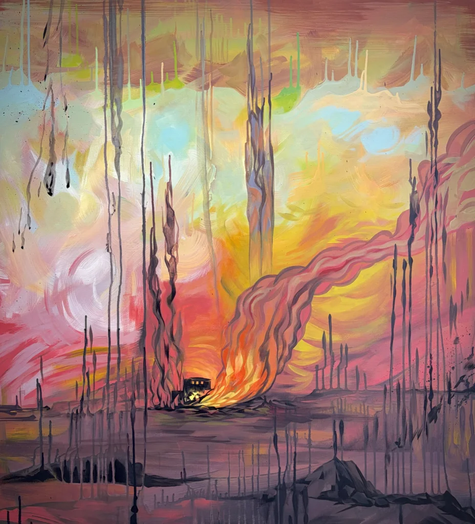 The House is Burning, painting by Caleb Wassell: a small house burns on a dark plain as pink smoke sweeps across a glowing gold and pink sky streaked with dark drips.