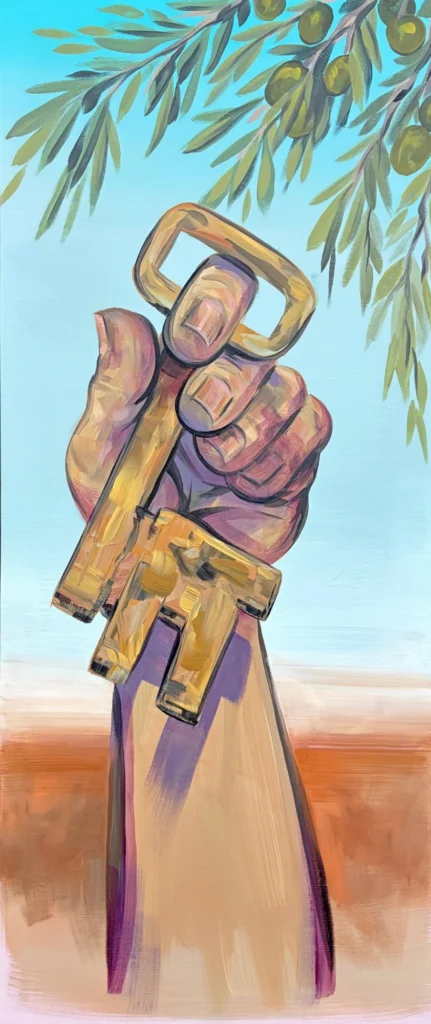 The Key of Return, painting by Caleb Wassell: a hand raises an old brass key beneath olive branches heavy with green olives against a blue sky and red earth in Palestine.