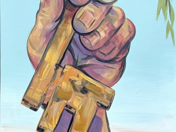 The Key of Return, painting by Caleb Wassell: a hand raises an old brass key beneath olive branches heavy with green olives against a blue sky and red earth in Palestine.