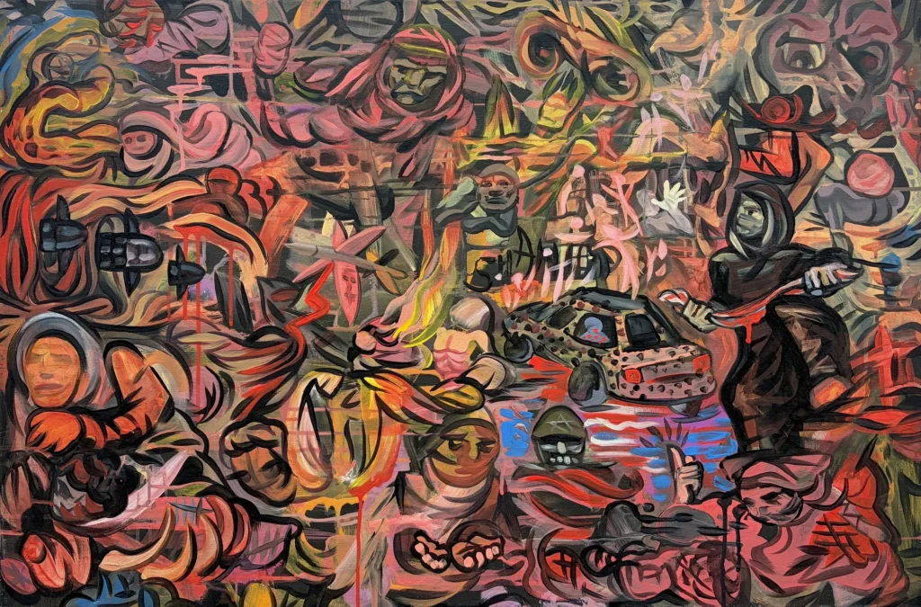 The Only Thing America Makes Anymore, painting by Caleb Wassell: a dense dark-red composition of overlapping figures and wreckage of genocide in Gaza.