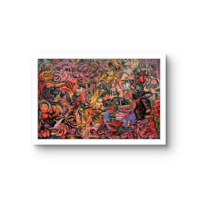 The Only Thing America Makes Anymore fine art print by Caleb Wassell: a dense dark-red composition of overlapping figures and wreckage of genocide in Gaza, shown framed.