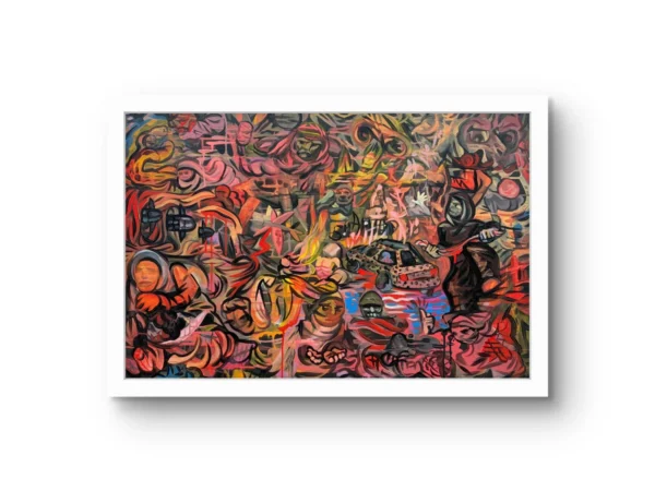 The Only Thing America Makes Anymore fine art print by Caleb Wassell: a dense dark-red composition of overlapping figures and wreckage of genocide in Gaza, shown framed.