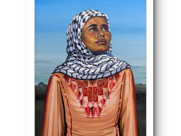 The Original fine art print by Caleb Wassell: a Palestinian woman in a keffiyeh headscarf and embroidered thobe gazing upward against a blue sky, shown framed.
