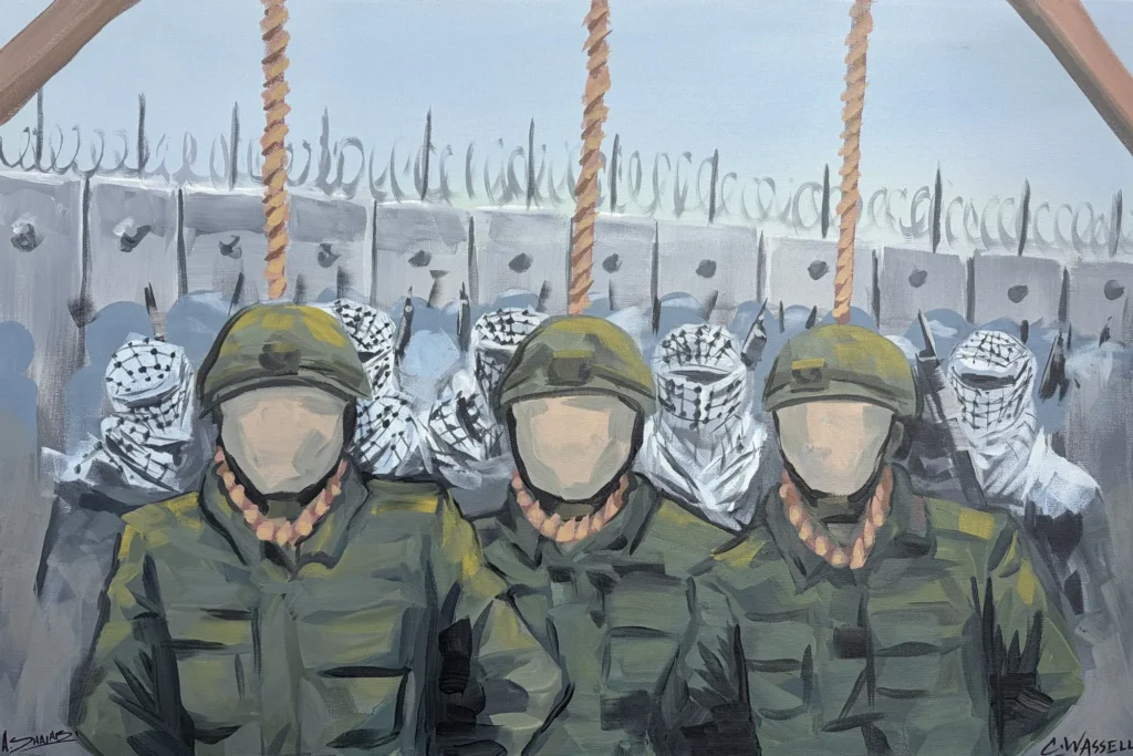 The People's Trial, painting by Caleb Wassell and Abid Shalabi: three IDF soldiers with blank faces stand beneath nooses before a Palestinian crowd in keffiyehs.