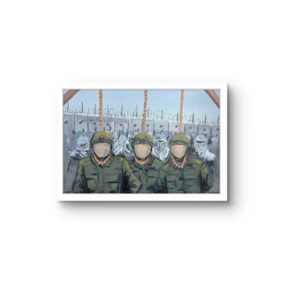 The People's Trial fine art print by Caleb Wassell and Abid Shalabi: three faceless soldiers with nooses before a separation wall and keffiyeh-masked figures, shown framed.