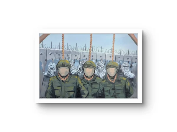 The People's Trial fine art print by Caleb Wassell and Abid Shalabi: three faceless soldiers with nooses before a separation wall and keffiyeh-masked figures, shown framed.