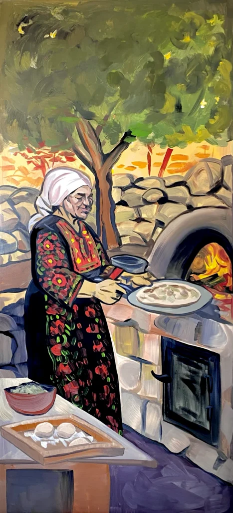 The Taboon, mural by Caleb Wassell: a Palestinian grandmother in an embroidered thobe and white headscarf bakes bread at a stone taboon oven beneath an olive tree.