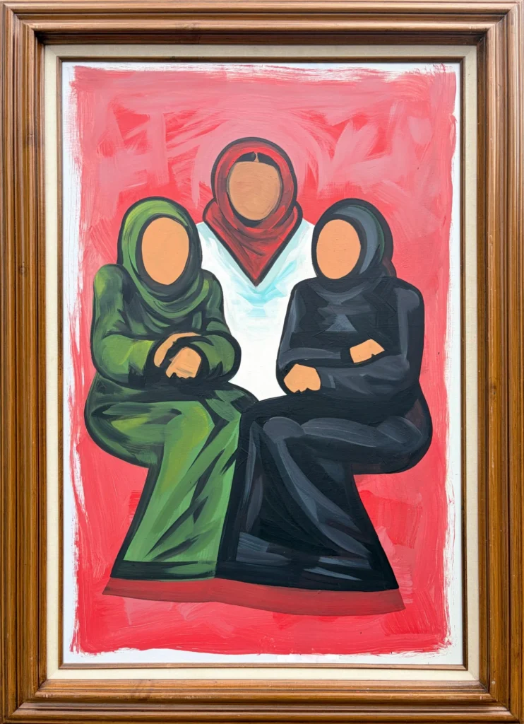 Three Women, painting by Caleb Wassell: three seated Palestinian women in hijabs dressed in green, white, black and red, the colors of the Palestinian flag, against a brushy red background, in a wooden frame.