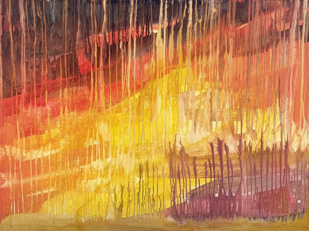 Under Bombardment, painting by Caleb Wassell: streaks of fiery red and yellow dripping down the canvas, abstract.