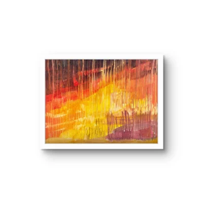 Under Bombardment fine art print by Caleb Wassell: streaks of fiery red, orange and yellow dripping down the canvas, abstract, shown framed.