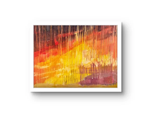 Under Bombardment fine art print by Caleb Wassell: streaks of fiery red, orange and yellow dripping down the canvas, abstract, shown framed.