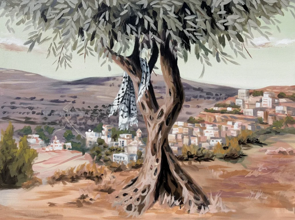 Valley and the Breeze, painting by Caleb Wassell and Abid Shalabi: a keffiyeh hanging from an olive tree above a hillside village.