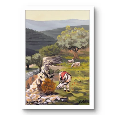 Kobar fine art print by Caleb Wassell and Abid Shalabi: a donkey and sheep grazing among olive trees and stone walls in the hills of Palestine, shown framed.