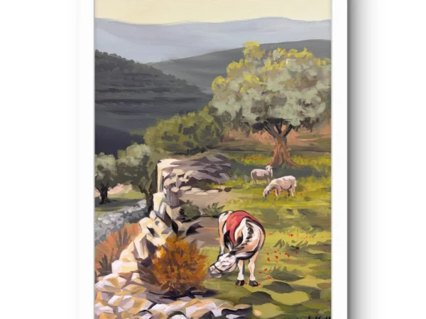 Kobar fine art print by Caleb Wassell and Abid Shalabi: a donkey and sheep grazing among olive trees and stone walls in the hills of Palestine, shown framed.