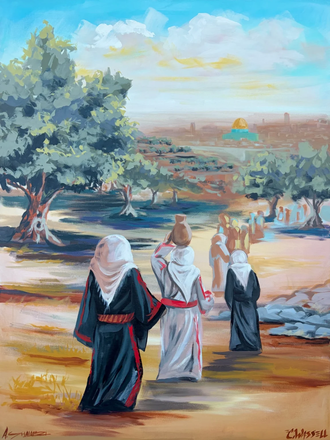 Women of the Olive Grove, Jerusalem, painting by Caleb Wassell and Abid Shalabi: women in embroidered dresses, one carrying a clay jar, walk through olive trees toward Jerusalem’s Old City and the Dome of the Rock in Palestine.