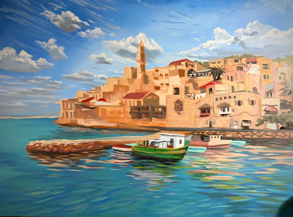 Yaffa Harbor, Palestine, painting by Caleb Wassell: a green fishing boat in turquoise water before the golden stone old city of Yaffa and its minaret under a bright blue sky.